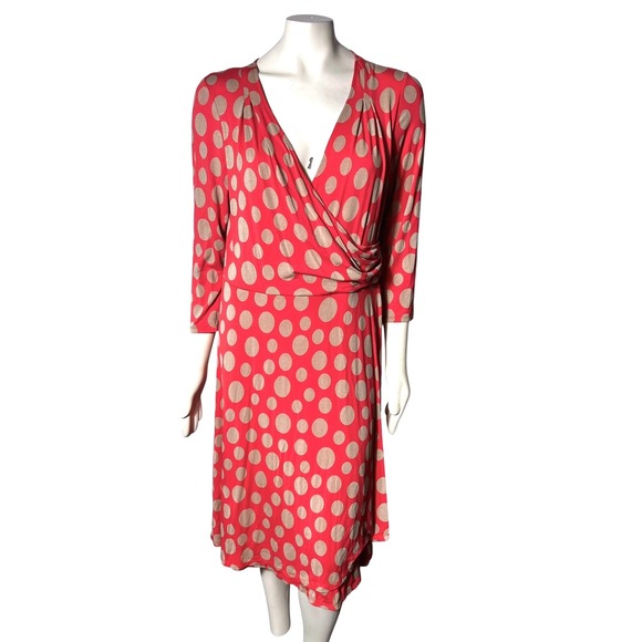 Boden Rosebery Dots Wrap Midi Dress Coral Tan Size US 16R Career Workwear Casual - Picture 2 of 11